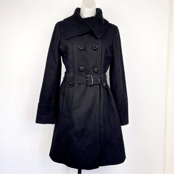 Guess black wool blend tailored belted trench coat size Small - Picture 1 of 8